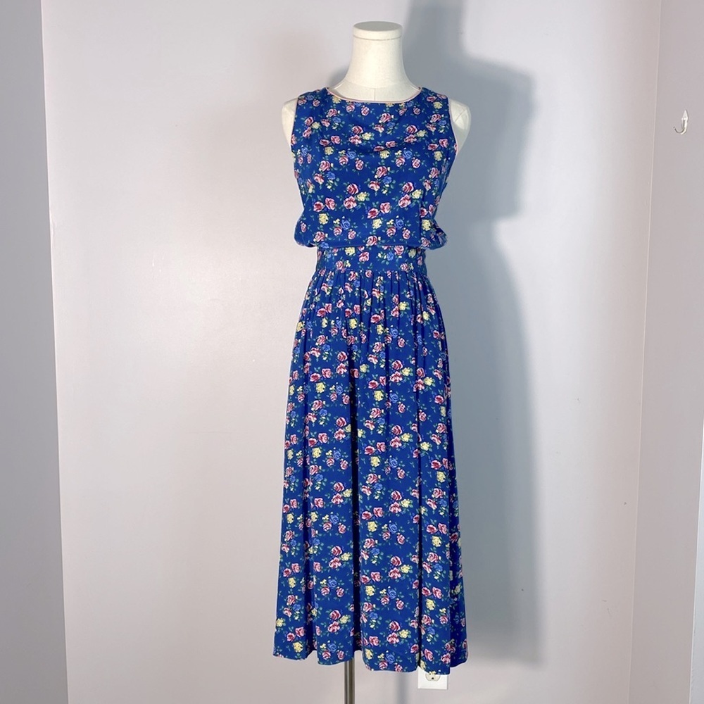 Vintage Silk Allen Solly Floral Blue Sleeveless Midi Dress Prairie size 4